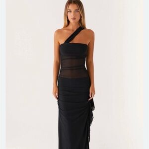 Peppermayo Black One-Shoulder Mesh Insert Maxi Dress